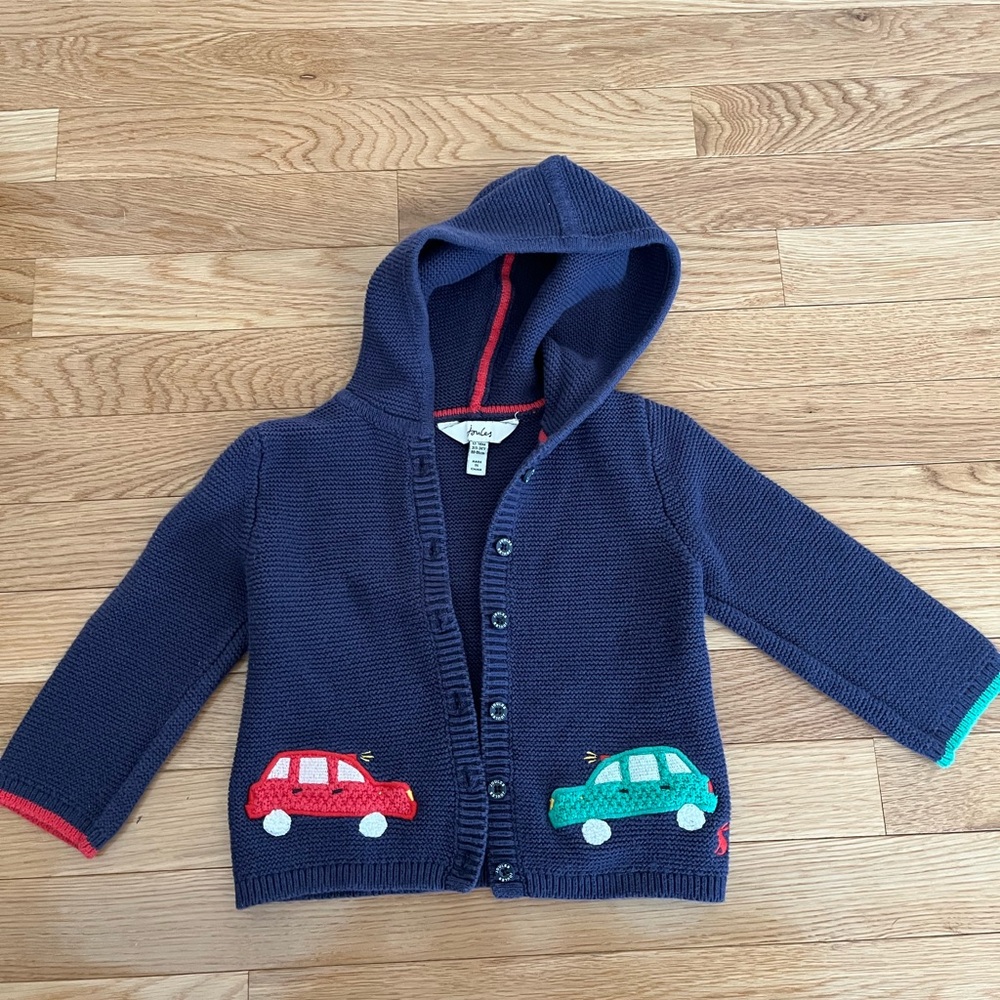 Joules Navy Hooded Cardigan with Red and Teal Car Appliques